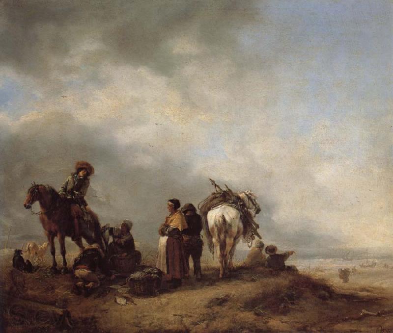 Philips Wouwerman A View on a Seashore with Fishwives Offering Fish to a Horseman Norge oil painting art